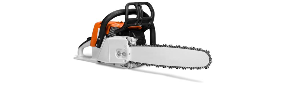An orange and silver chainsaw on a transparent background.