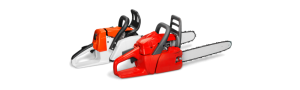 Two chainsaws on a transparent background. One chainsaw is orange and white and the other is red.